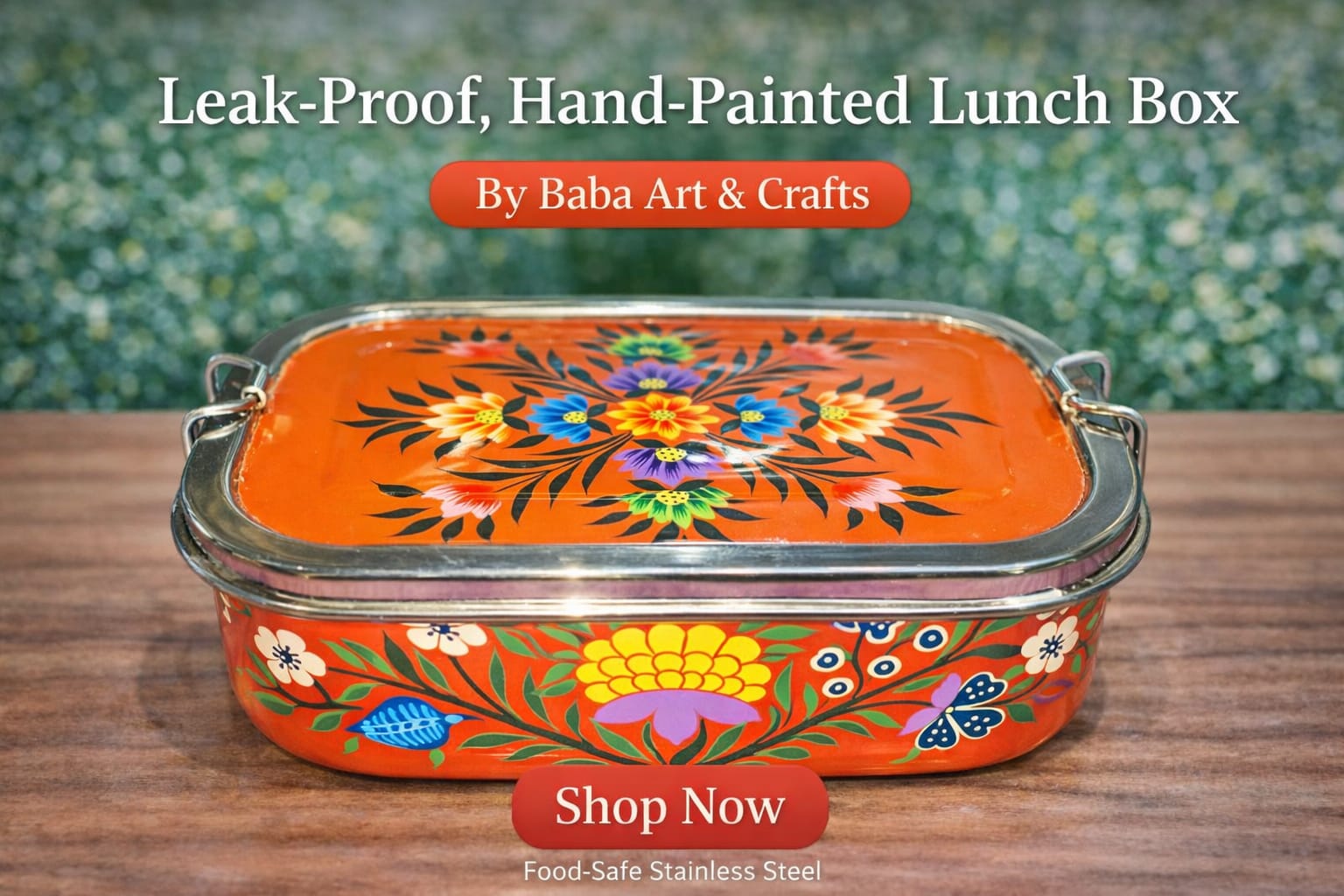 Single tier rectangular stainless steel lunch box, hand-painted by Kashmiri artisans. Lead-free, leak-proof, food-safe with 1 inner tray. A perfect blend of art and utility..hand painted enamelware